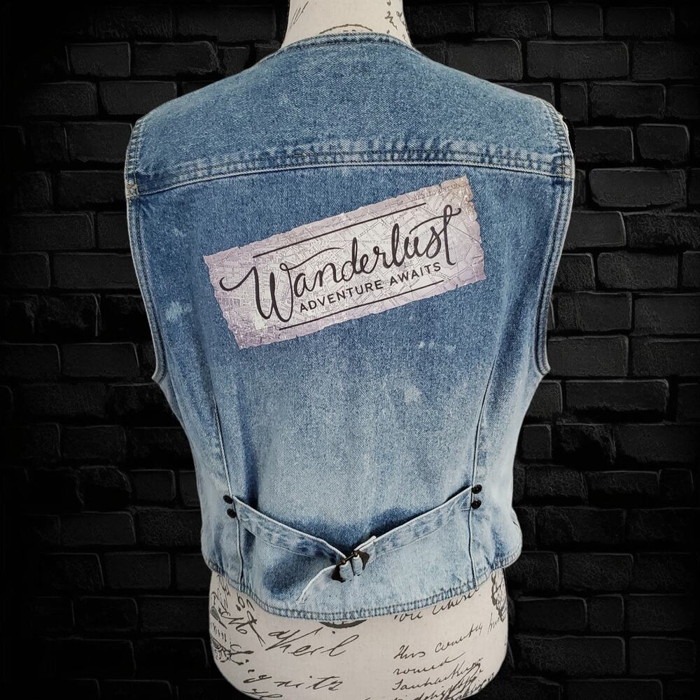 Vintage Liz Wear Custom Wanderlust Denim Jean Vest, Acid Washed Small